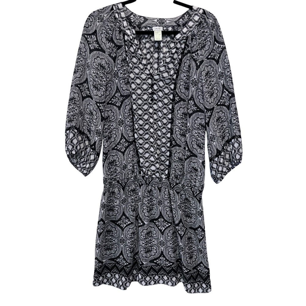 Cache Black White Paisley Print 3/4 Sleeve chiffon semisheer‎ Mini Dress Size XL